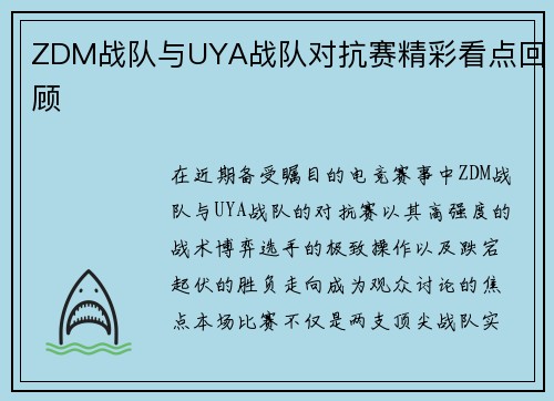 ZDM战队与UYA战队对抗赛精彩看点回顾